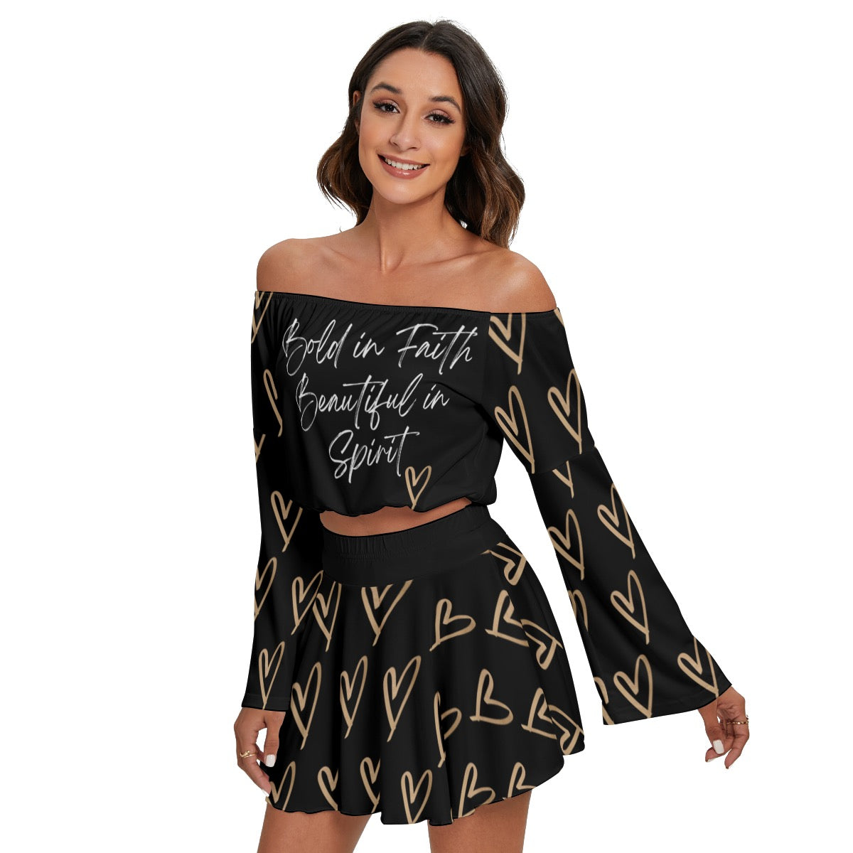 "'Bold in Faith, Beautiful in Spirit' Women's Off-Shoulder Top & Skirt Set"