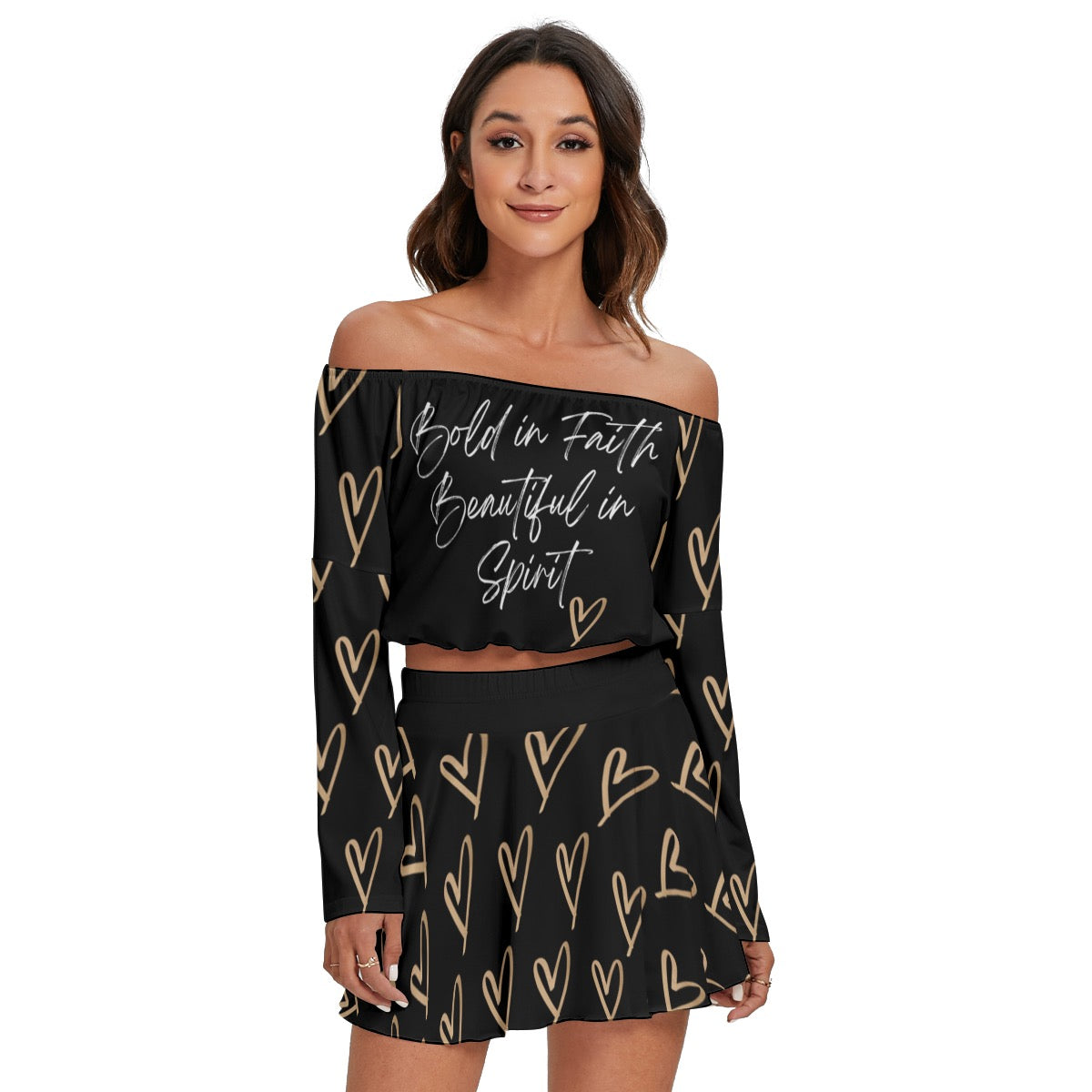 "'Bold in Faith, Beautiful in Spirit' Women's Off-Shoulder Top & Skirt Set"