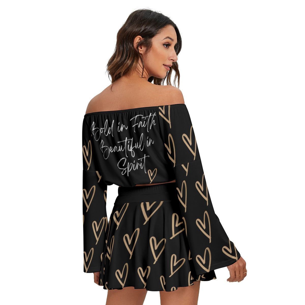 "'Bold in Faith, Beautiful in Spirit' Women's Off-Shoulder Top & Skirt Set"