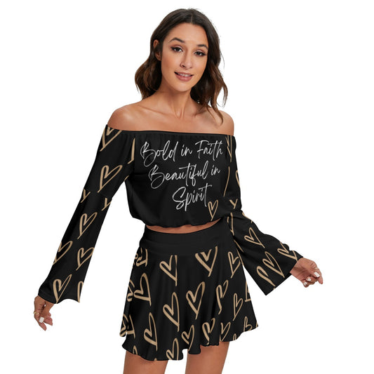 "'Bold in Faith, Beautiful in Spirit' Women's Off-Shoulder Top & Skirt Set"